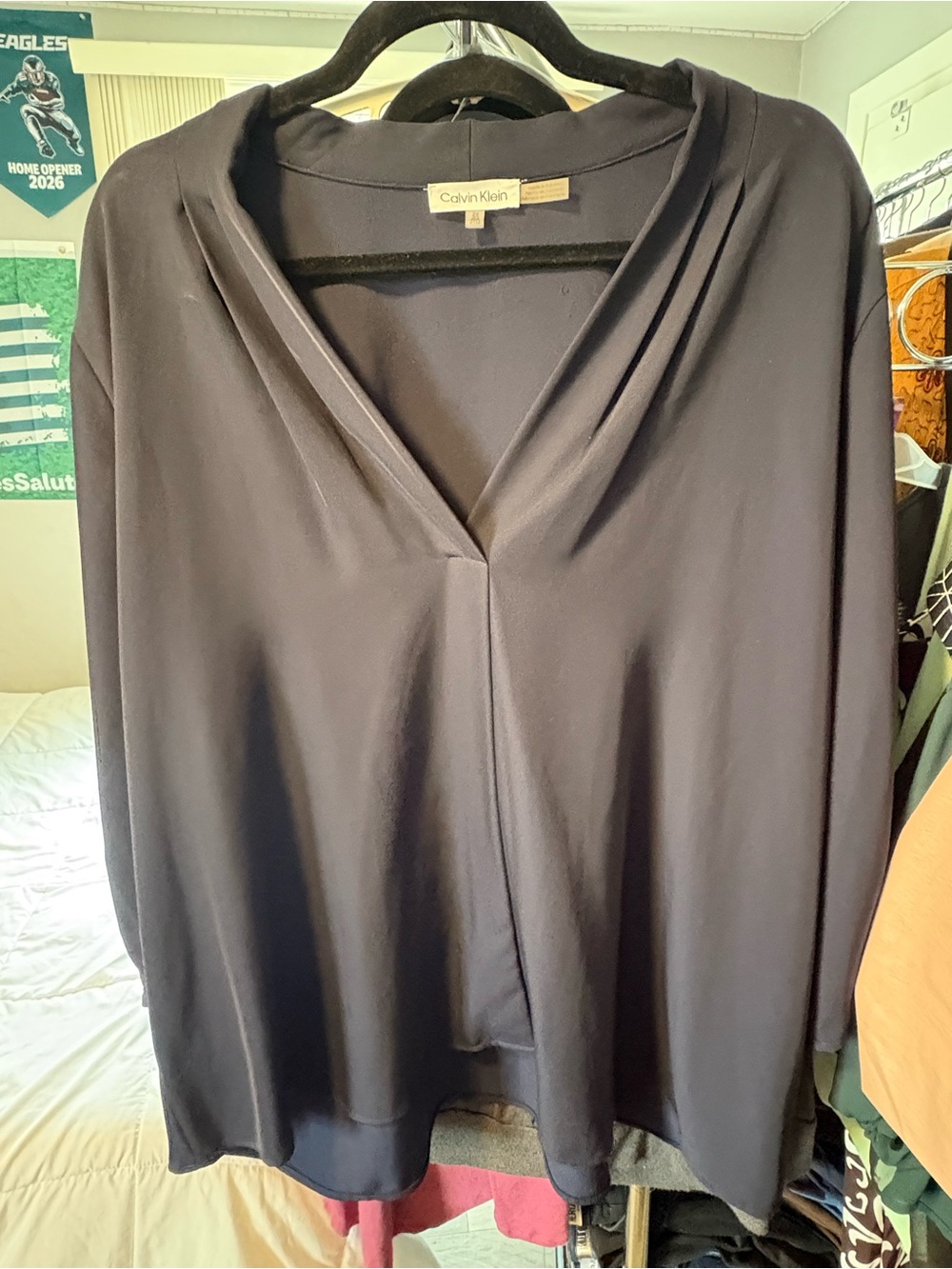 Calvin Klein 2X Navy V-Neck Roll Tab Sleeve Blouse